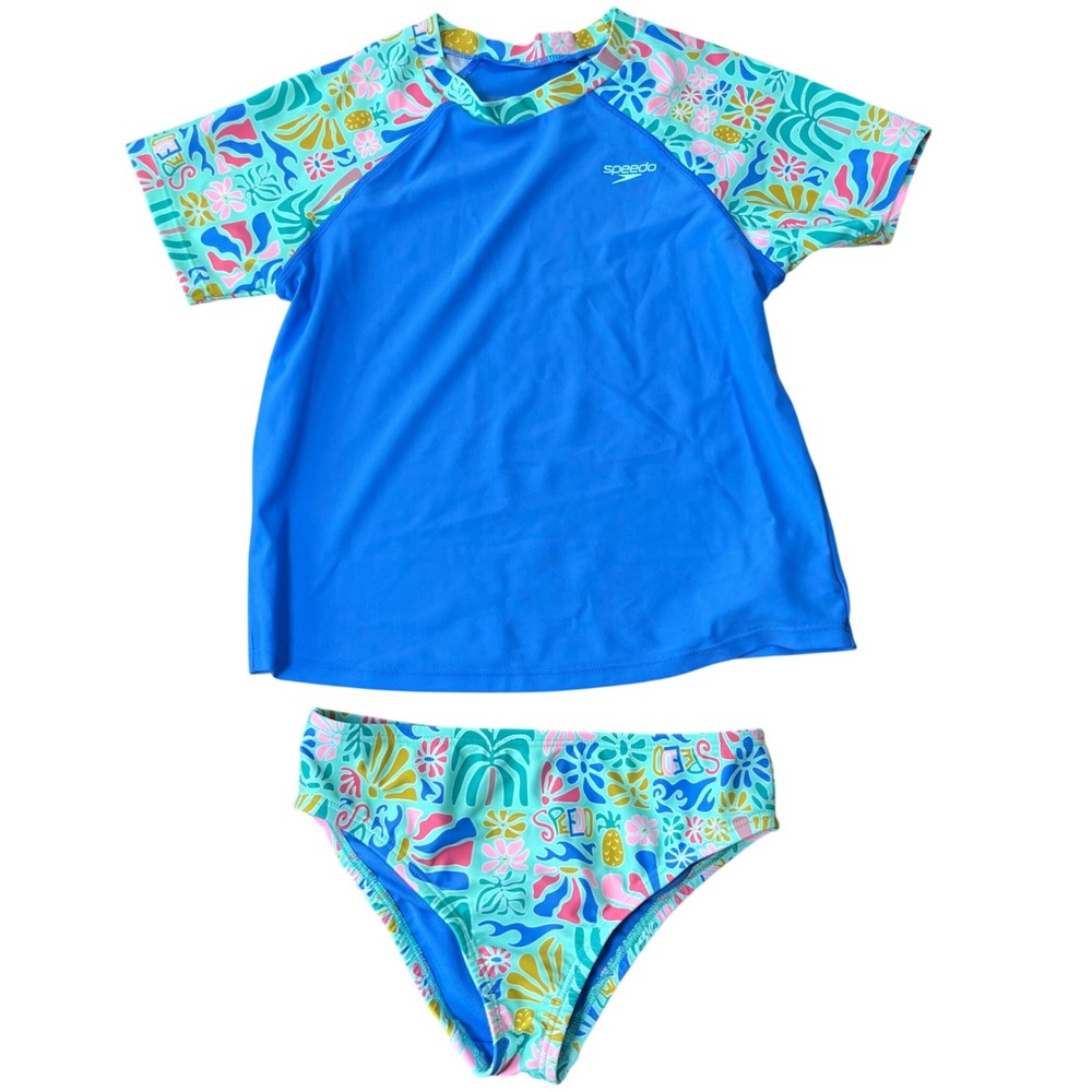 Speedo Kids Periwinkle Blue Tropical Floral Rashguard Swim Set Sz 8 NEW w/Stains